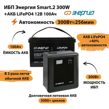 ИБП для котла Энергия Smart 2 300Вт + LiFePO4 Аккумулятор 12v 100Ah (300Вт - 256мин) - ИБП и АКБ - ИБП Энергия - ИБП для котлов отопления - . Магазин оборудования для автономного и резервного электропитания Ekosolar.ru в Ельце