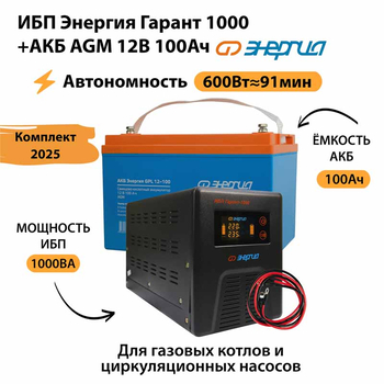 ИБП для котла Энергия Гарант 1000 + Аккумулятор 100 Ач 12 В (600Вт - 91мин) - ИБП и АКБ - ИБП для котлов - . Магазин оборудования для автономного и резервного электропитания Ekosolar.ru в Ельце