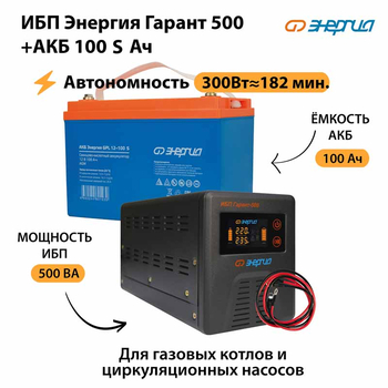 ИБП Энергия Гарант 500 + Аккумулятор S 100 Ач - 12В (300Вт - 182мин) - ИБП и АКБ - ИБП для котлов - . Магазин оборудования для автономного и резервного электропитания Ekosolar.ru в Ельце