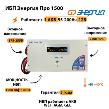 Энергия ИБП Про 1500 12В - ИБП и АКБ - ИБП для котлов - . Магазин оборудования для автономного и резервного электропитания Ekosolar.ru в Ельце