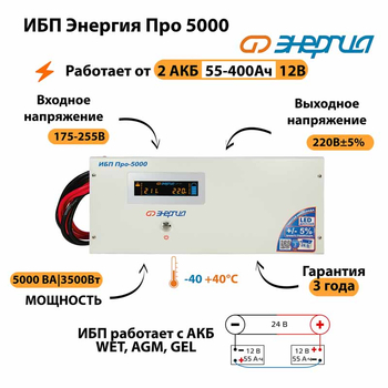 Энергия ИБП Про 5000 24В - ИБП и АКБ - ИБП для котлов - . Магазин оборудования для автономного и резервного электропитания Ekosolar.ru в Ельце