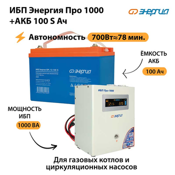 ИБП Энергия Про 1000 + Аккумулятор S 100 Ач - 12В (700Вт - 78мин) - ИБП и АКБ - ИБП для котлов - . Магазин оборудования для автономного и резервного электропитания Ekosolar.ru в Ельце