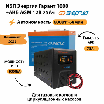 ИБП для котла Энергия Гарант 1000 + Аккумулятор 75 Ач 12 В (600Вт - 68мин) - ИБП и АКБ - ИБП для котлов - . Магазин оборудования для автономного и резервного электропитания Ekosolar.ru в Ельце