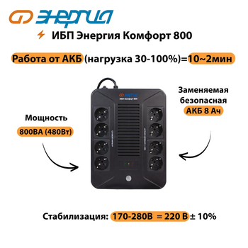 ИБП Комфорт 800 Энергия - ИБП и АКБ - ИБП для компьютера - . Магазин оборудования для автономного и резервного электропитания Ekosolar.ru в Ельце
