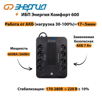 ИБП Комфорт 600 Энергия - ИБП и АКБ - ИБП для компьютера - . Магазин оборудования для автономного и резервного электропитания Ekosolar.ru в Ельце
