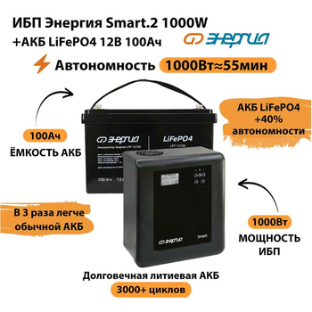ИБП Энергия Smart.2 1000W + Аккумулятор LiFePO4 12v-100Ah (1000Вт-55мин) - ИБП и АКБ - ИБП Энергия - ИБП на 1 кВА - . Магазин оборудования для автономного и резервного электропитания Ekosolar.ru в Ельце