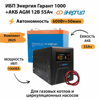 ИБП для котла Энергия Гарант 1000 + Аккумулятор 55 Ач 12 В (600Вт - 50мин) - ИБП и АКБ - ИБП для котлов - . Магазин оборудования для автономного и резервного электропитания Ekosolar.ru в Ельце