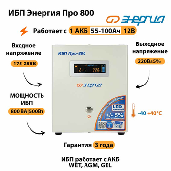Энергия ИБП Про 800 12В - ИБП и АКБ - ИБП для котлов - . Магазин оборудования для автономного и резервного электропитания Ekosolar.ru в Ельце