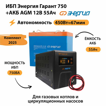 ИБП для котла Энергия Гарант 750 + Аккумулятор 55 Ач 12 В (450Вт - 67мин) - ИБП и АКБ - ИБП для котлов - . Магазин оборудования для автономного и резервного электропитания Ekosolar.ru в Ельце
