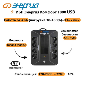 ИБП Комфорт 1000 USB Энергия - ИБП и АКБ - ИБП для компьютера - . Магазин оборудования для автономного и резервного электропитания Ekosolar.ru в Ельце