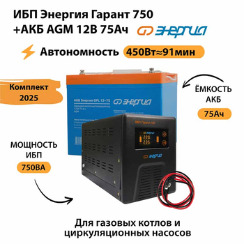 ИБП для котла Энергия Гарант 750 + Аккумулятор 75 Ач 12 В (450Вт - 91мин) - ИБП и АКБ - ИБП для котлов - . Магазин оборудования для автономного и резервного электропитания Ekosolar.ru в Ельце