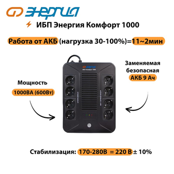 ИБП Комфорт 1000 Энергия - ИБП и АКБ - ИБП для компьютера - . Магазин оборудования для автономного и резервного электропитания Ekosolar.ru в Ельце